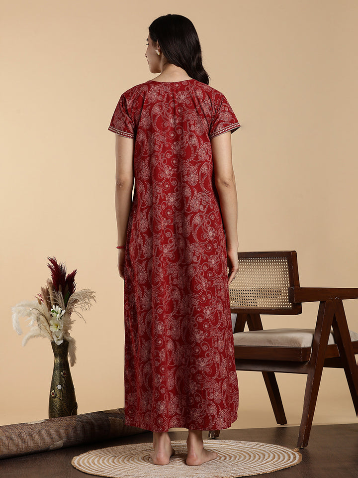 Heritage Maroon Embroidered Pure Cotton Nighty for Women