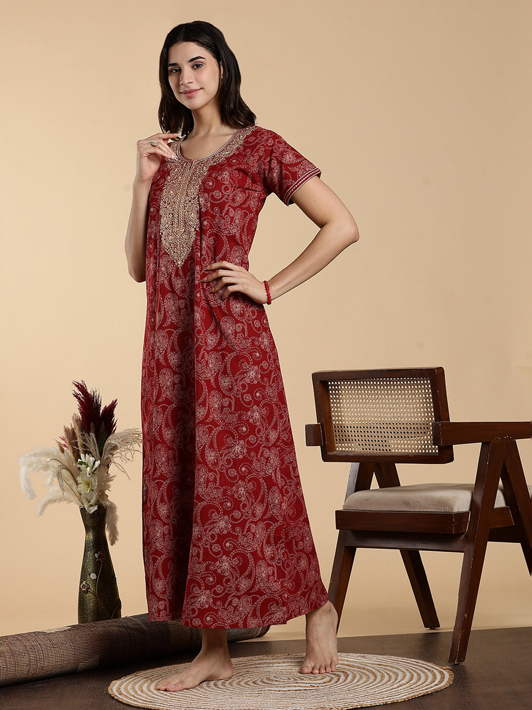 Heritage Maroon Embroidered Pure Cotton Nighty for Women