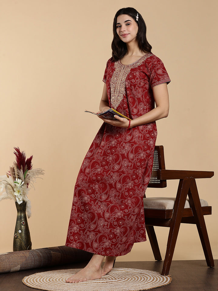 Heritage Maroon Embroidered Pure Cotton Nighty for Women