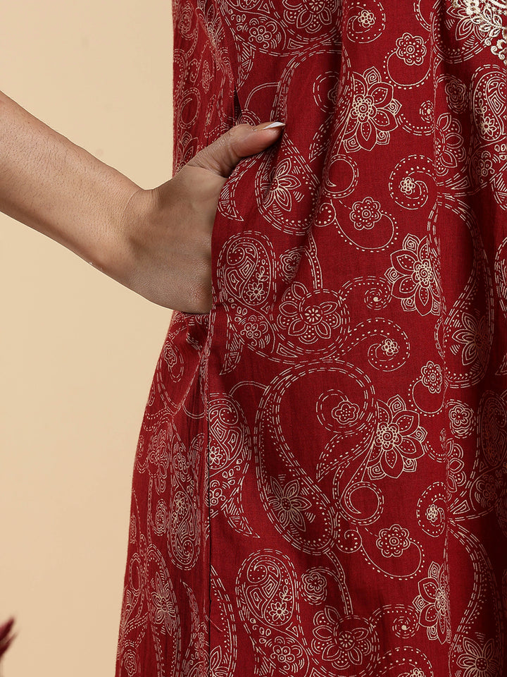 Heritage Maroon Embroidered Pure Cotton Nighty for Women