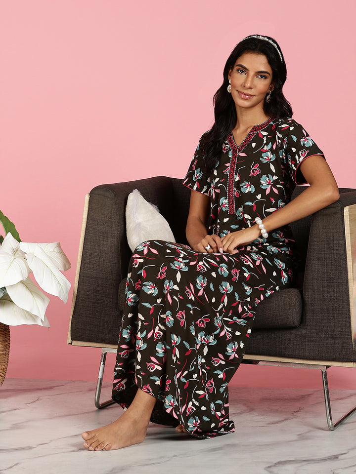 Premium Deep Maroon Hosiery Cotton Floral Ladies Nighties