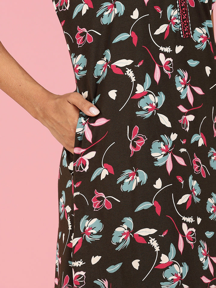 Premium Deep Maroon Hosiery Cotton Floral Ladies Nighties