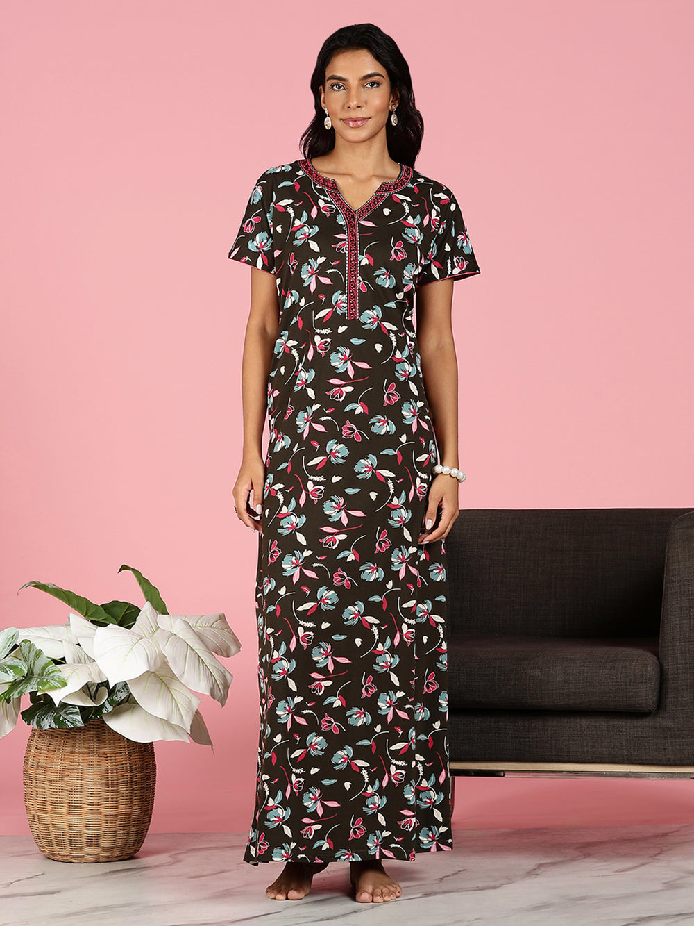 Premium Deep Maroon Hosiery Cotton Floral Ladies Nighties