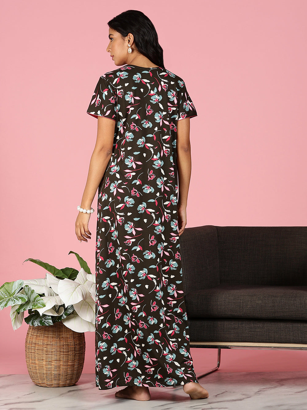 Premium Deep Maroon Hosiery Cotton Floral Ladies Nighties