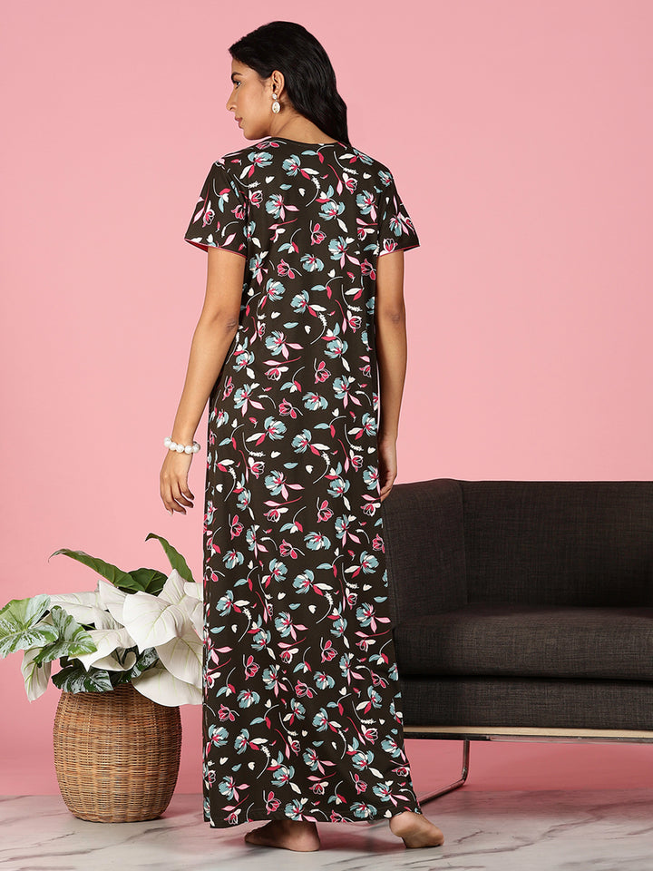 Premium Deep Maroon Hosiery Cotton Floral Ladies Nighties