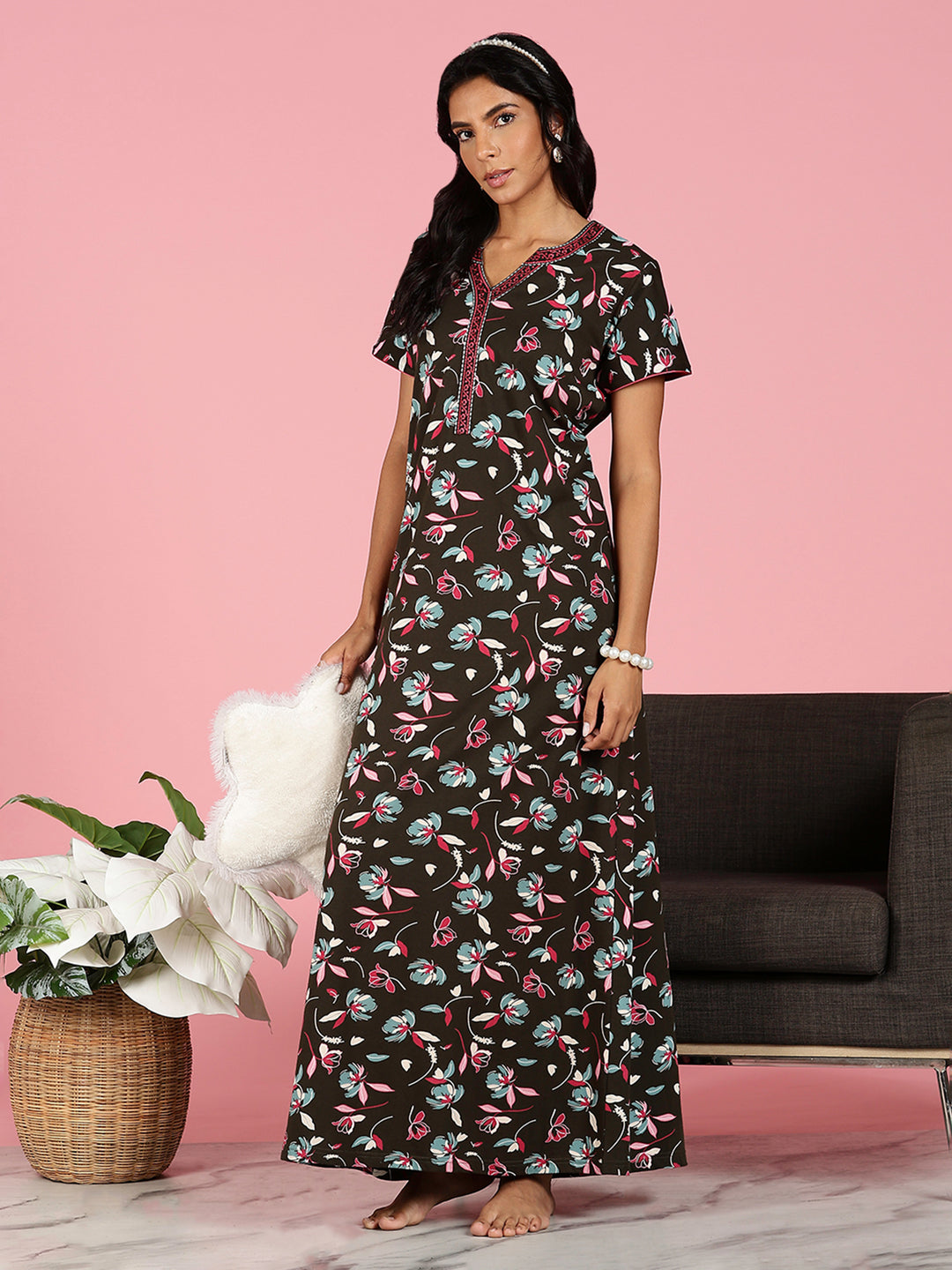 Premium Deep Maroon Hosiery Cotton Floral Ladies Nighties