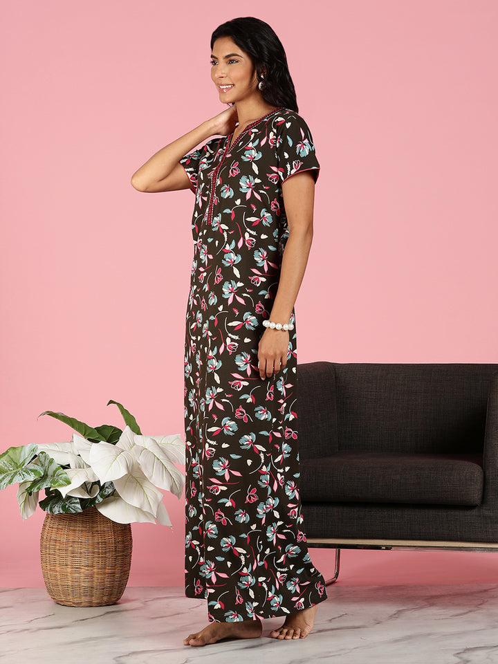 Premium Deep Maroon Hosiery Cotton Floral Ladies Nighties