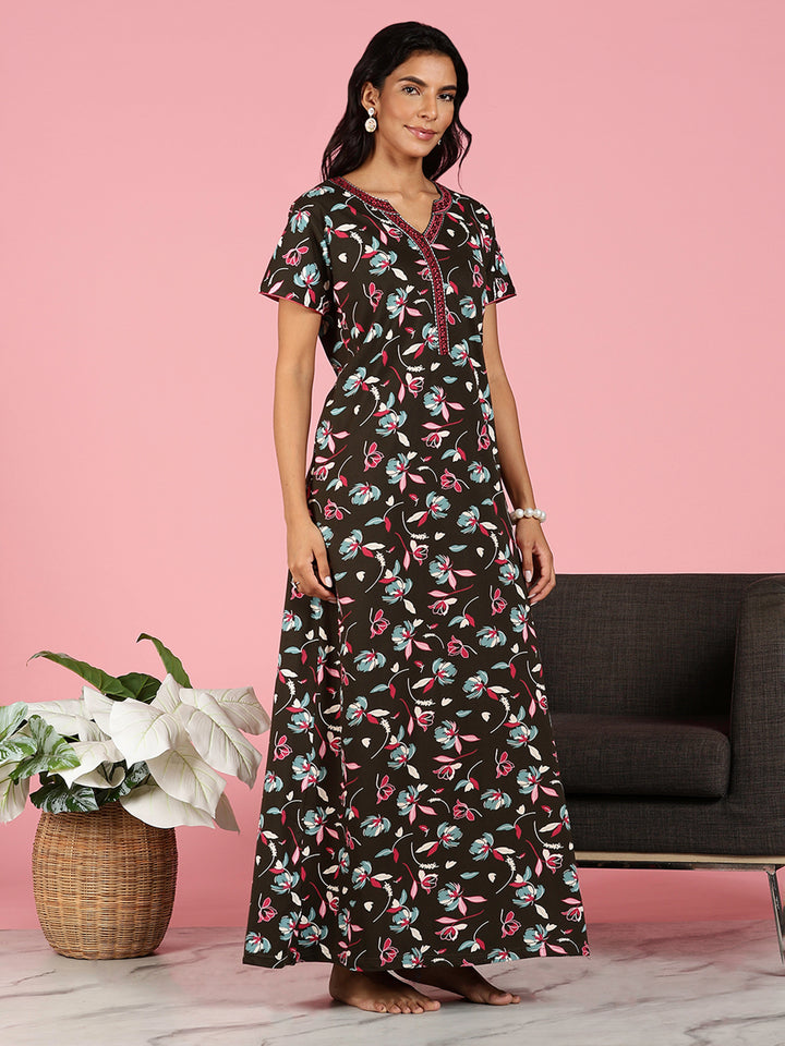 Premium Deep Maroon Hosiery Cotton Floral Ladies Nighties