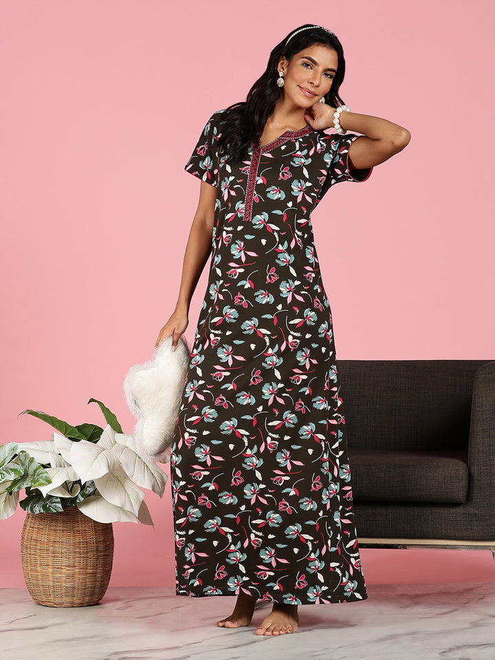 Premium Deep Maroon Hosiery Cotton Floral Ladies Nighties