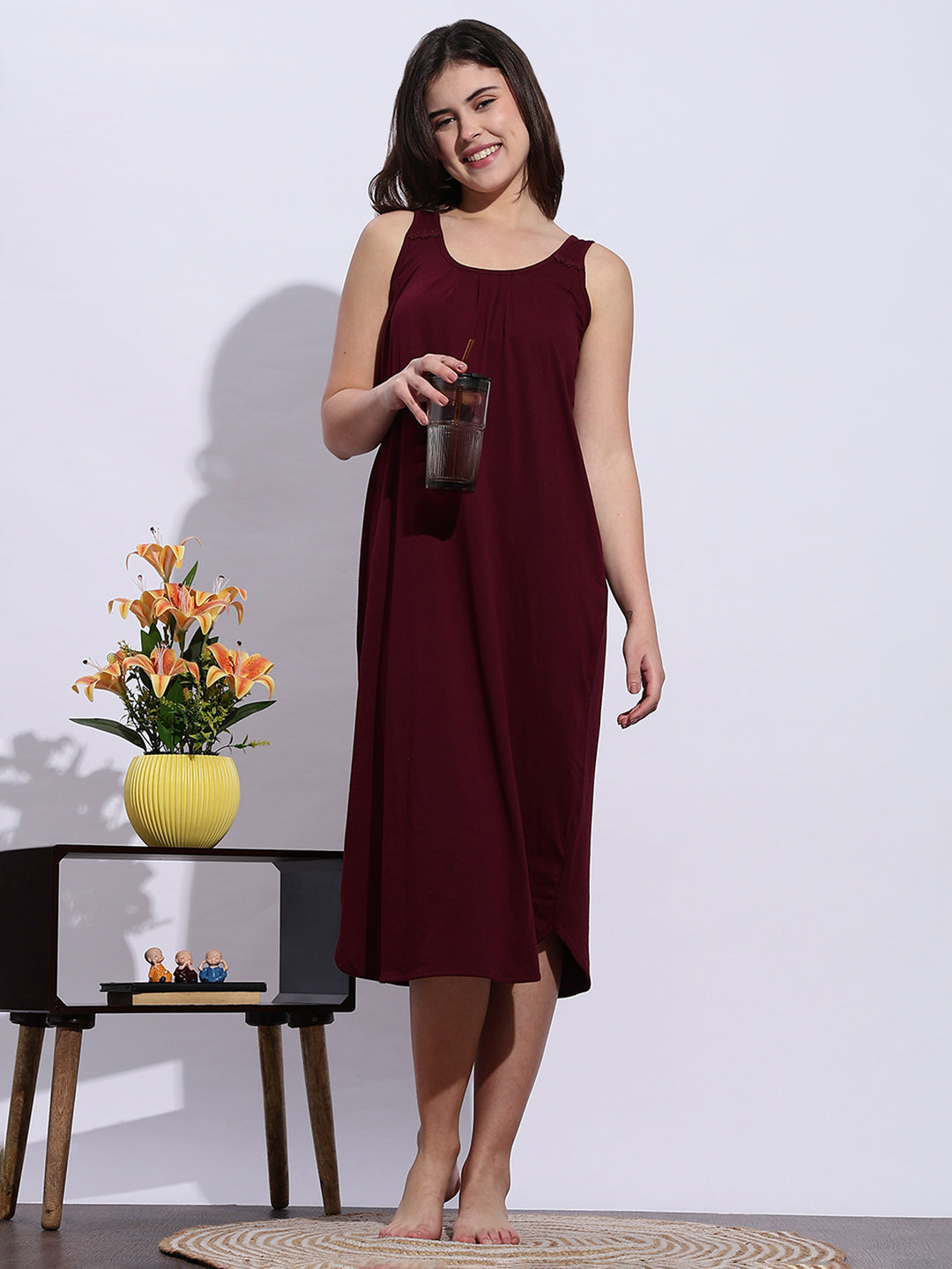 Maroon Hosiery Cotton Slip Sleeveless Night dress for Women