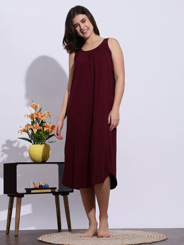 Maroon Hosiery Cotton Slip Sleeveless Night dress for Women