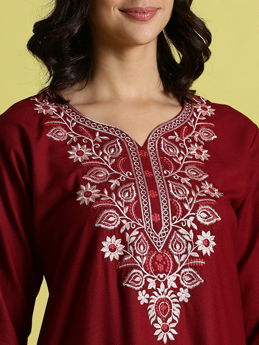 Maroon Embroidered Women's Nighty with Pocket