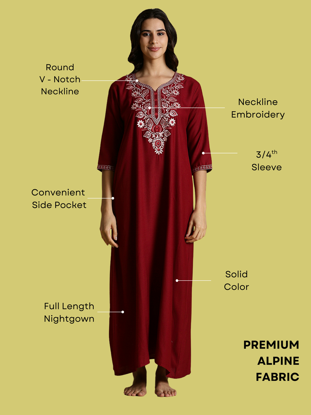 Maroon Embroidered Women's Nighty with Pocket