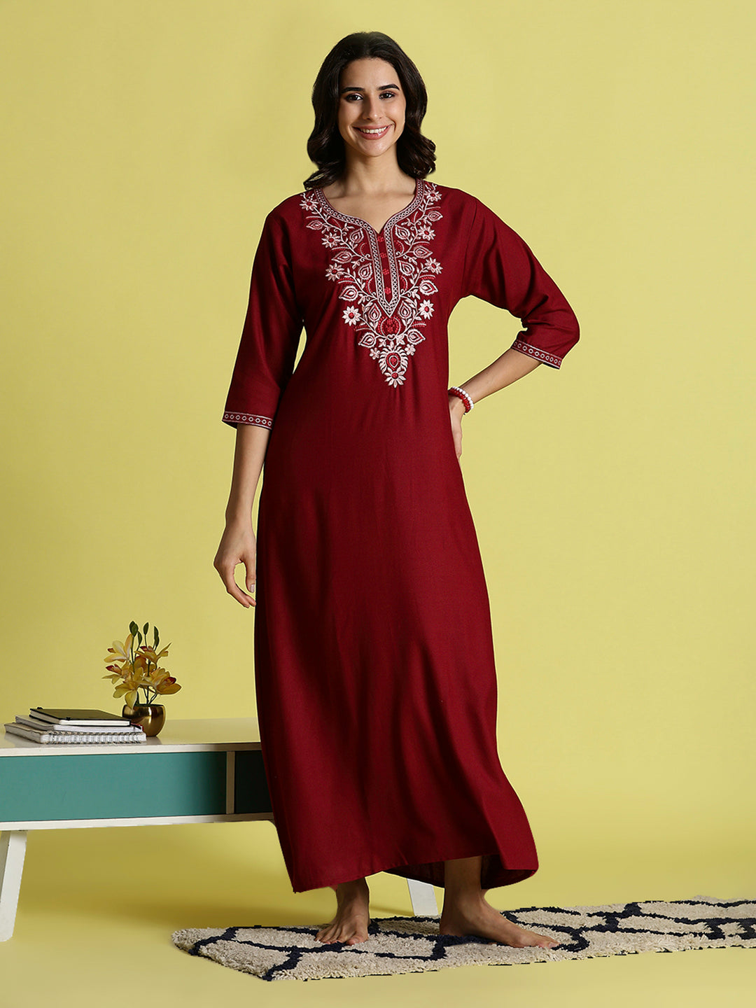 Maroon Embroidered Women's Nighty with Pocket