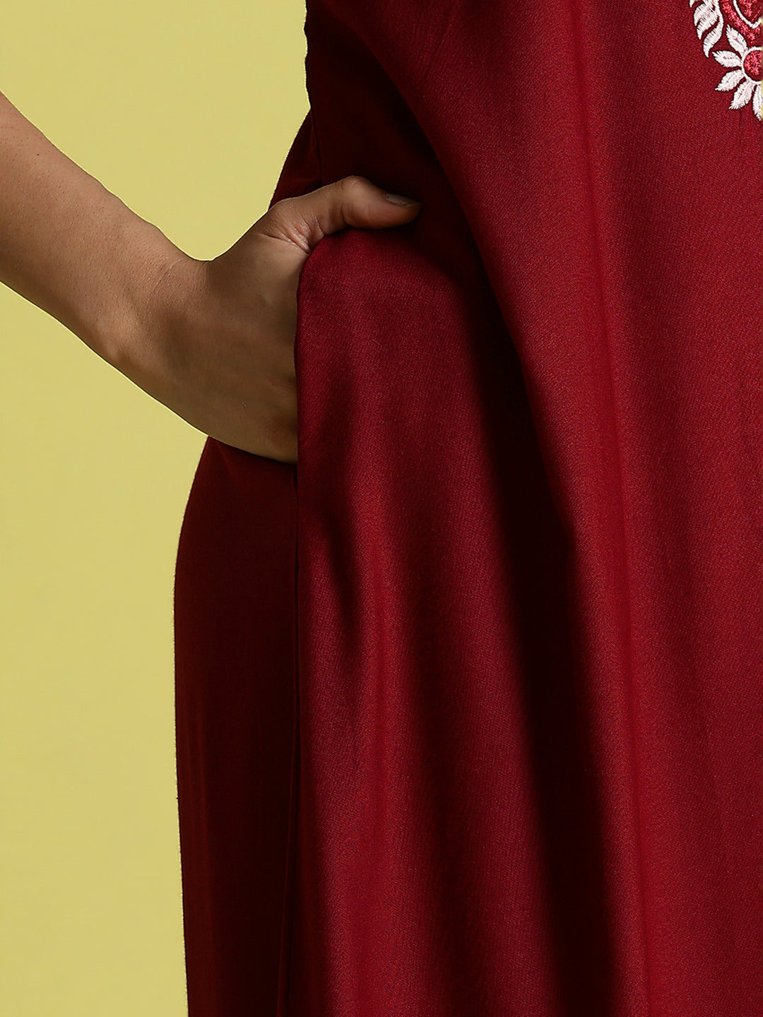 Maroon Embroidered Women's Nighty with Pocket