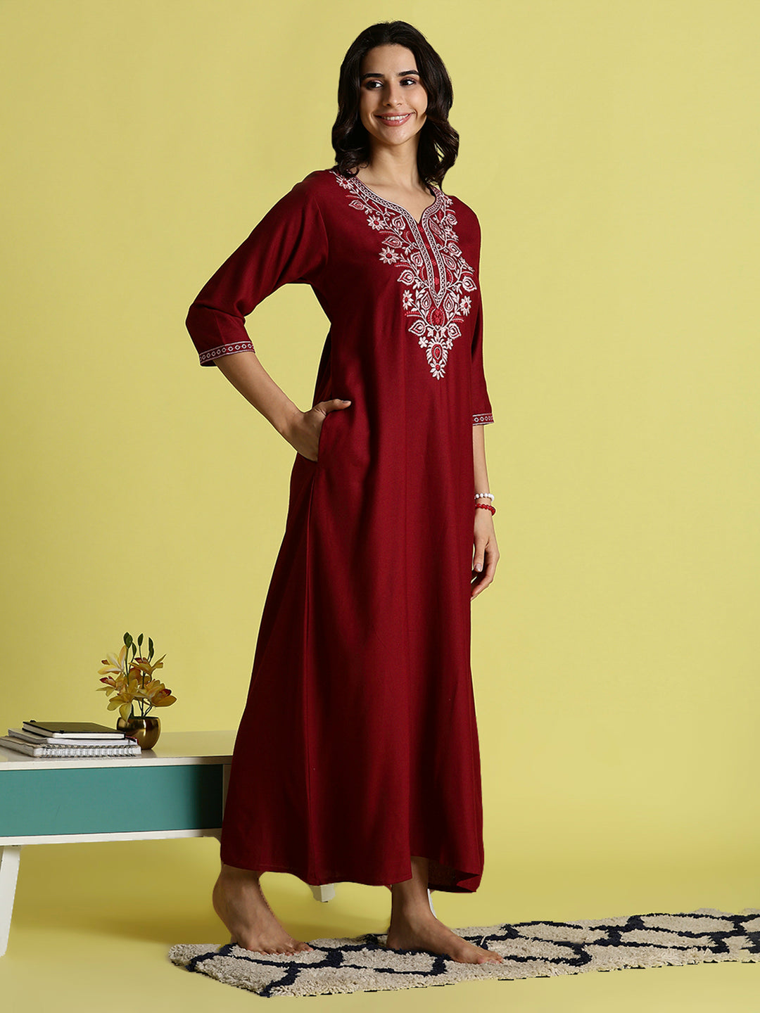 Maroon Embroidered Women's Nighty with Pocket