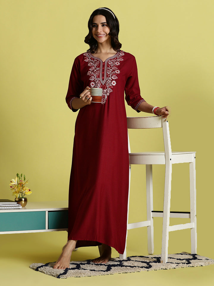 Maroon Embroidered Women's Nighty with Pocket