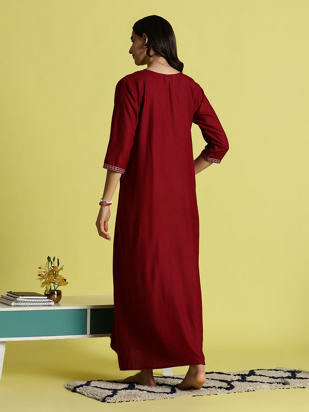 Maroon Embroidered Women's Nighty with Pocket