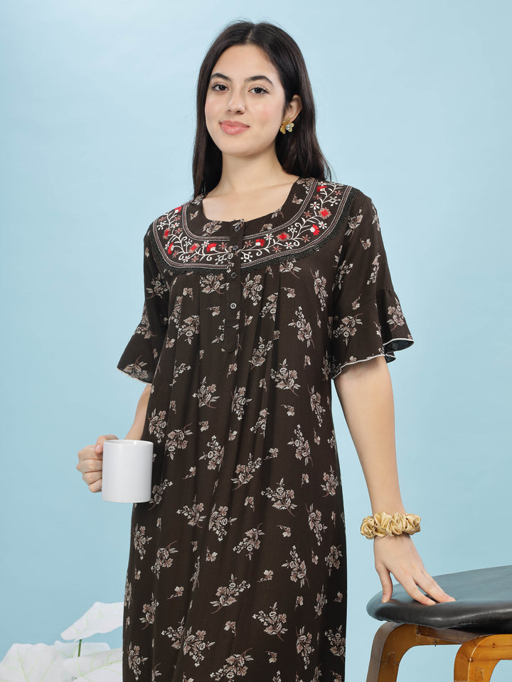 Mehandi Green Floral Print Alpine Fabric Front Open Nighty