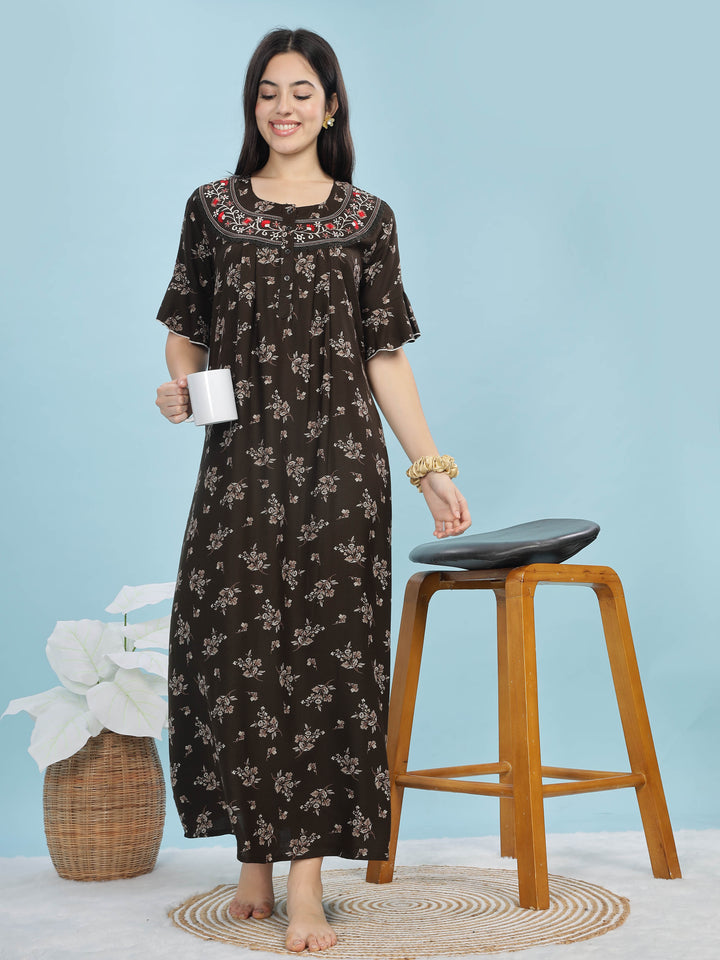 Mehandi Green Floral Print Alpine Fabric Front Open Nighty