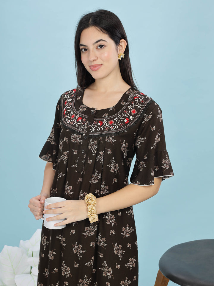 Mehandi Green Floral Print Alpine Fabric Front Open Nighty