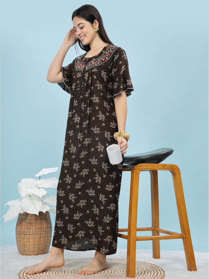 Mehandi Green Floral Print Alpine Fabric Front Open Nighty