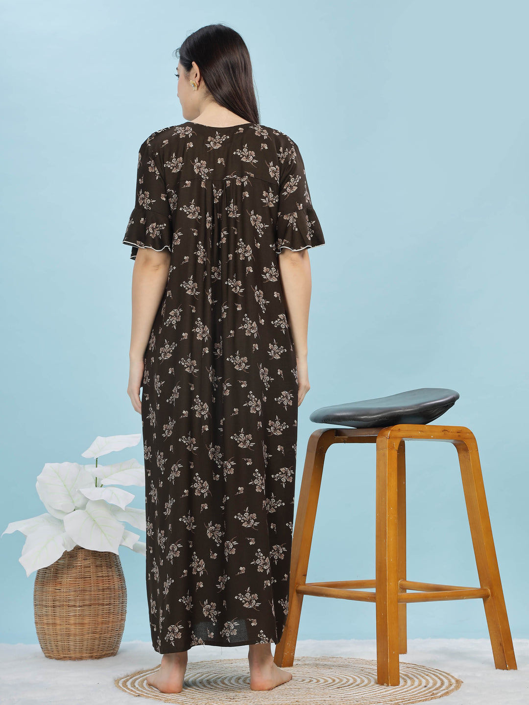 Mehandi Green Floral Print Alpine Fabric Front Open Nighty