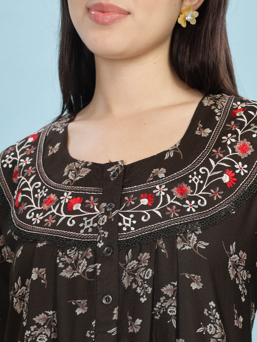 Mehandi Green Floral Print Alpine Fabric Front Open Nighty