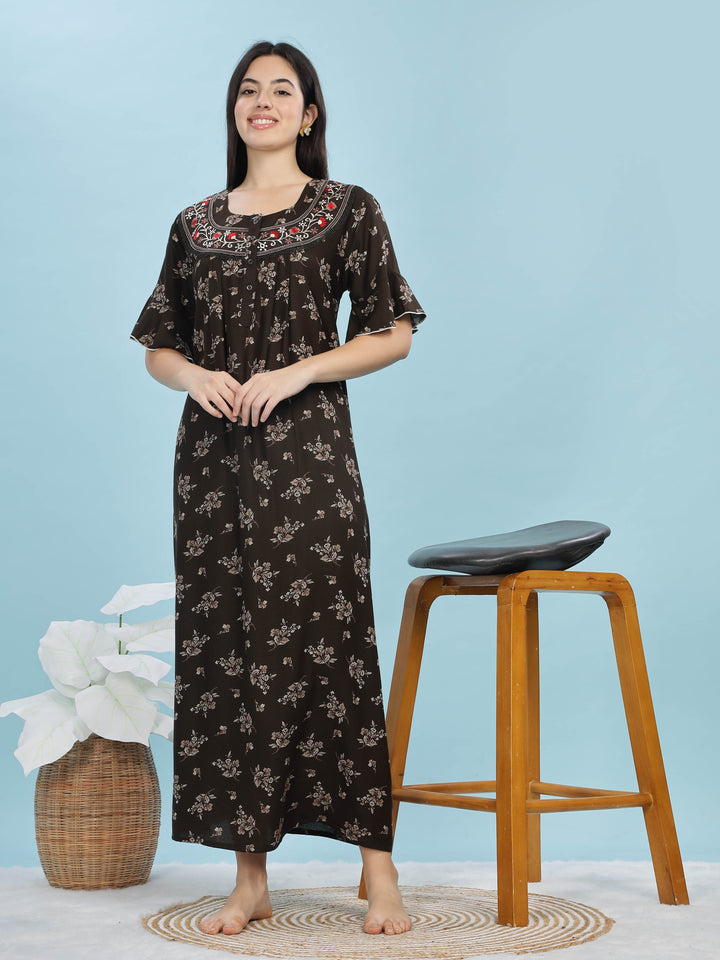 Mehandi Green Floral Print Alpine Fabric Front Open Nighty