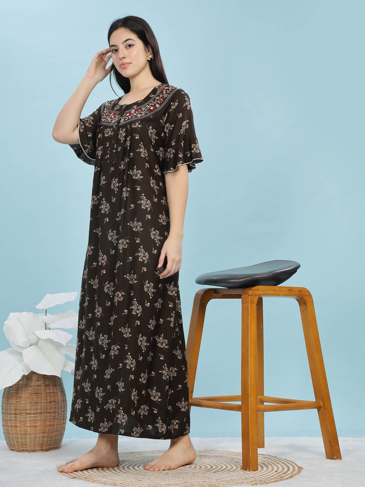 Mehandi Green Floral Print Alpine Fabric Front Open Nighty