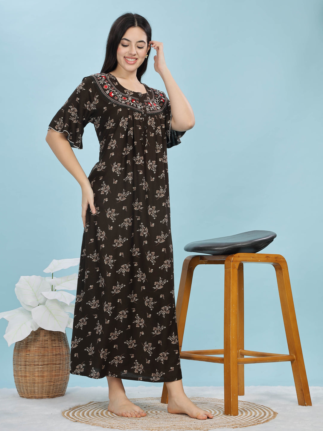 Mehandi Green Floral Print Alpine Fabric Front Open Nighty