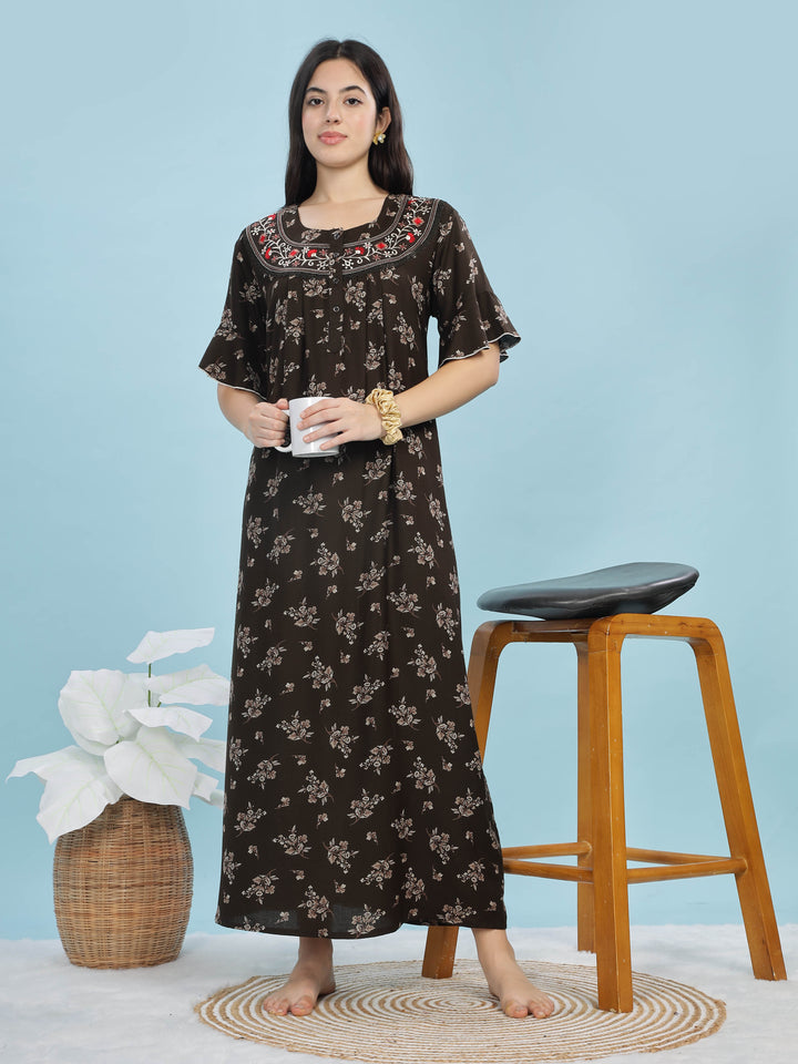 Mehandi Green Floral Print Alpine Fabric Front Open Nighty