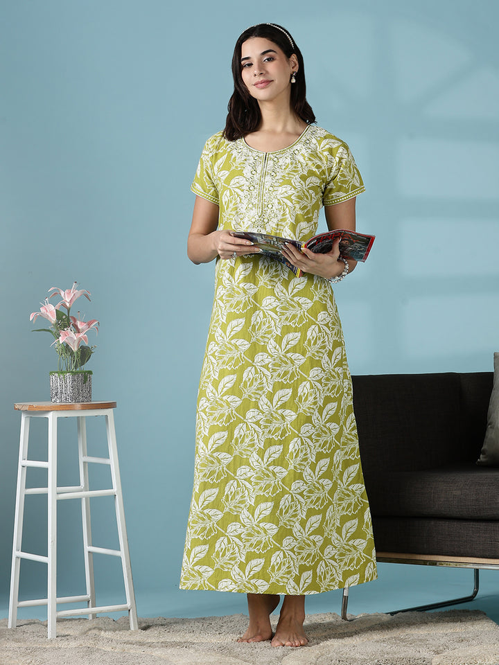 Mehndi Green Jaipuri Pure Branded Cotton Nighty for Women