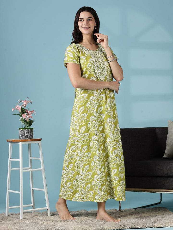 Mehndi Green Jaipuri Pure Branded Cotton Nighty for Women