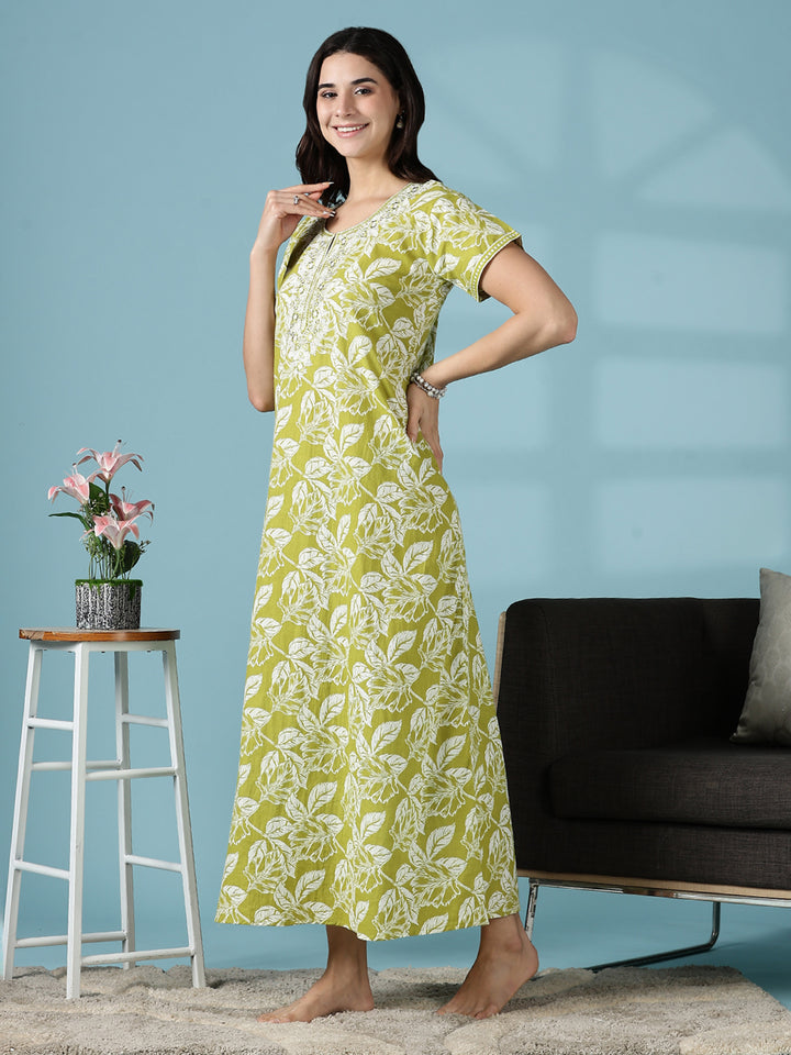 Mehndi Green Jaipuri Pure Branded Cotton Nighty for Women