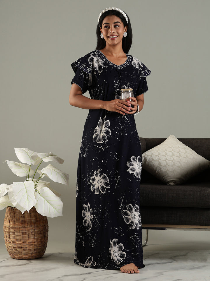 Midnight Bloom Rayon Nighty For Women with Floral Print