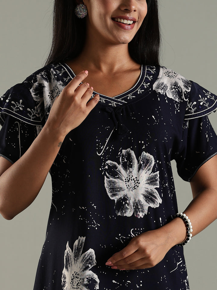 Midnight Bloom Rayon Nighty For Women with Floral Print
