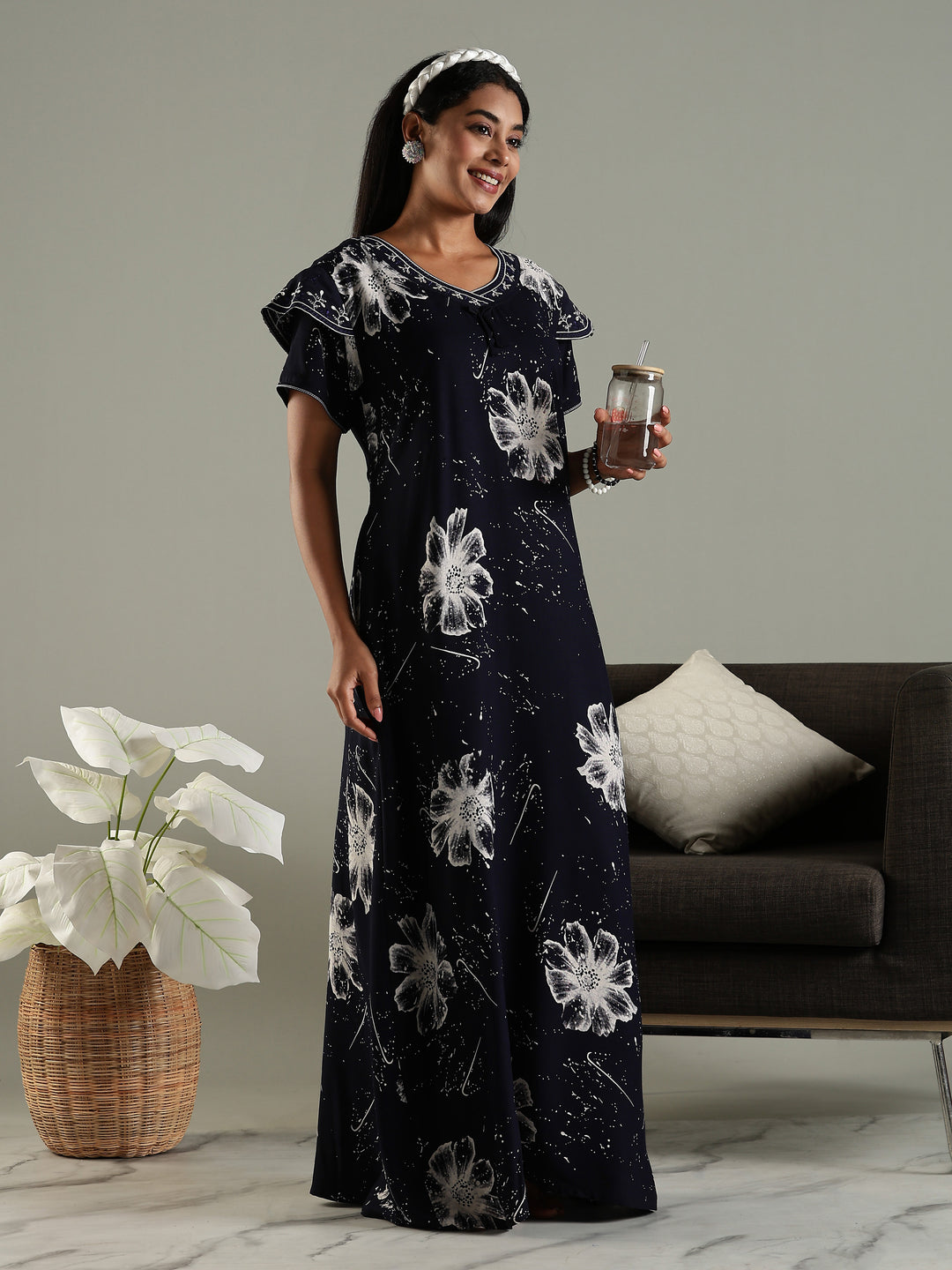 Midnight Bloom Rayon Nighty For Women with Floral Print