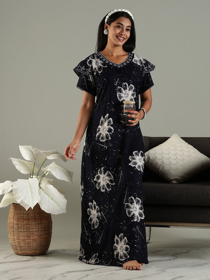 Midnight Bloom Rayon Nighty For Women with Floral Print