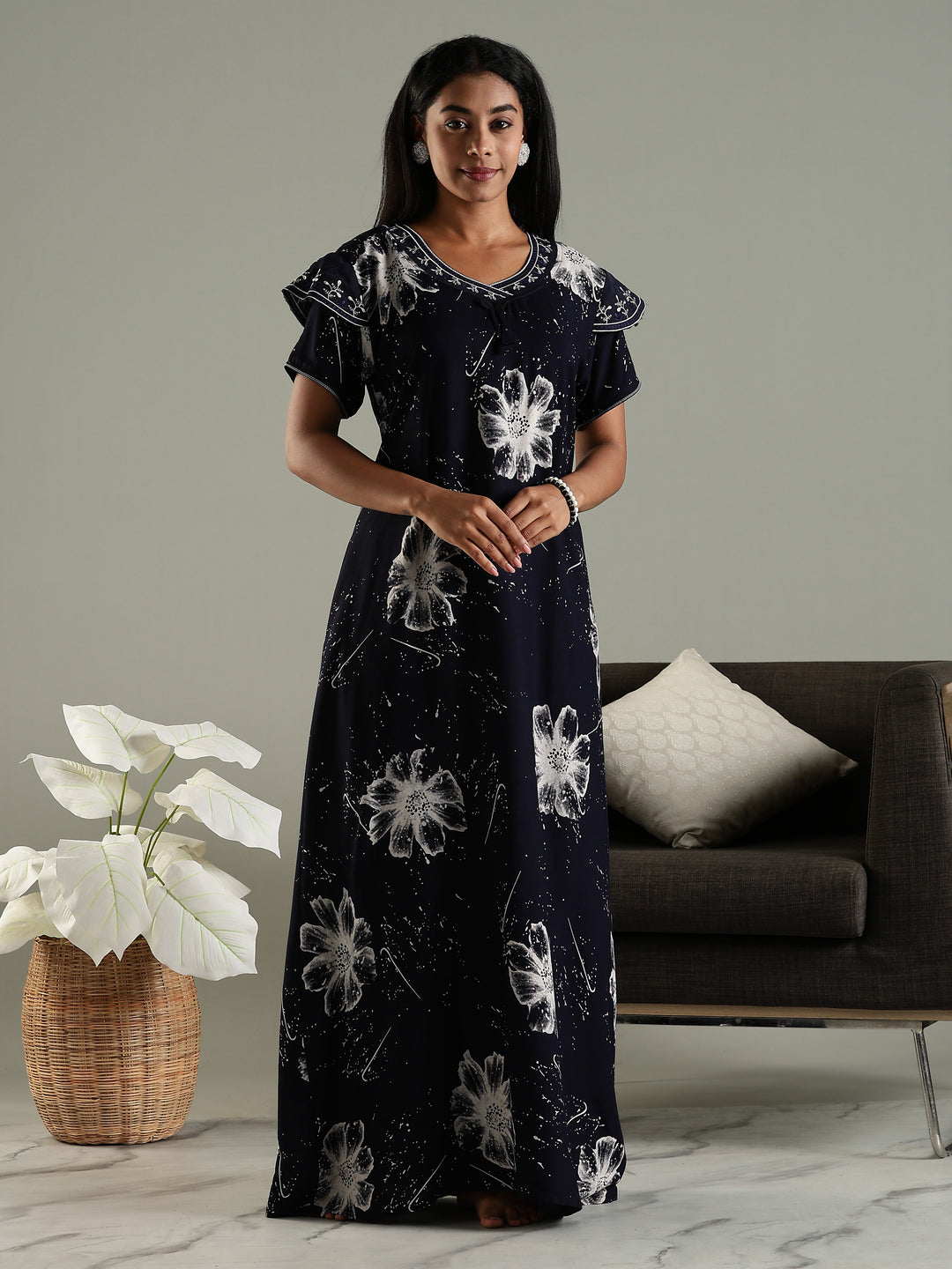 Midnight Bloom Rayon Nighty For Women with Floral Print