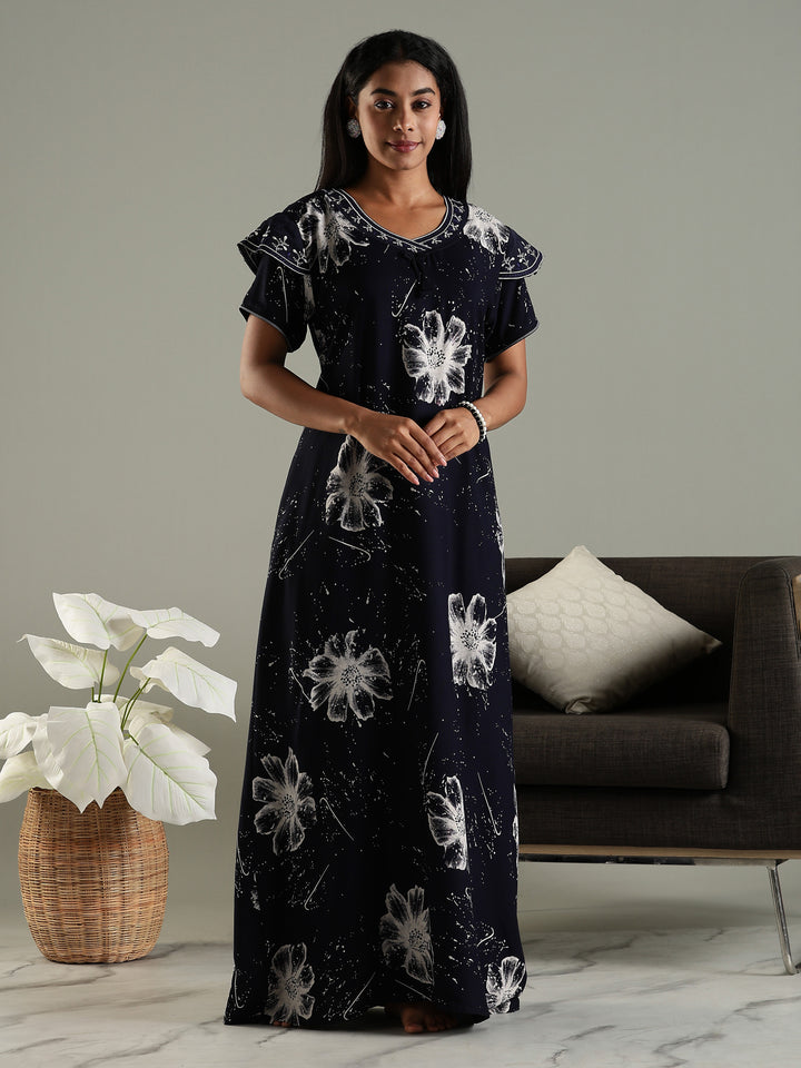 Midnight Bloom Rayon Nighty For Women with Floral Print