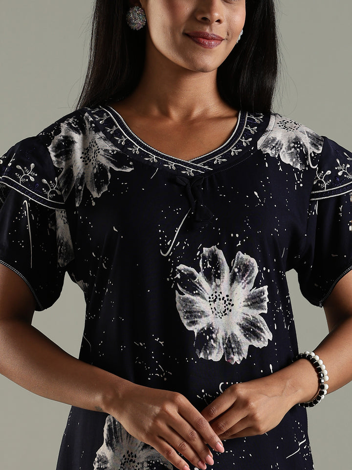 Midnight Bloom Rayon Nighty For Women with Floral Print