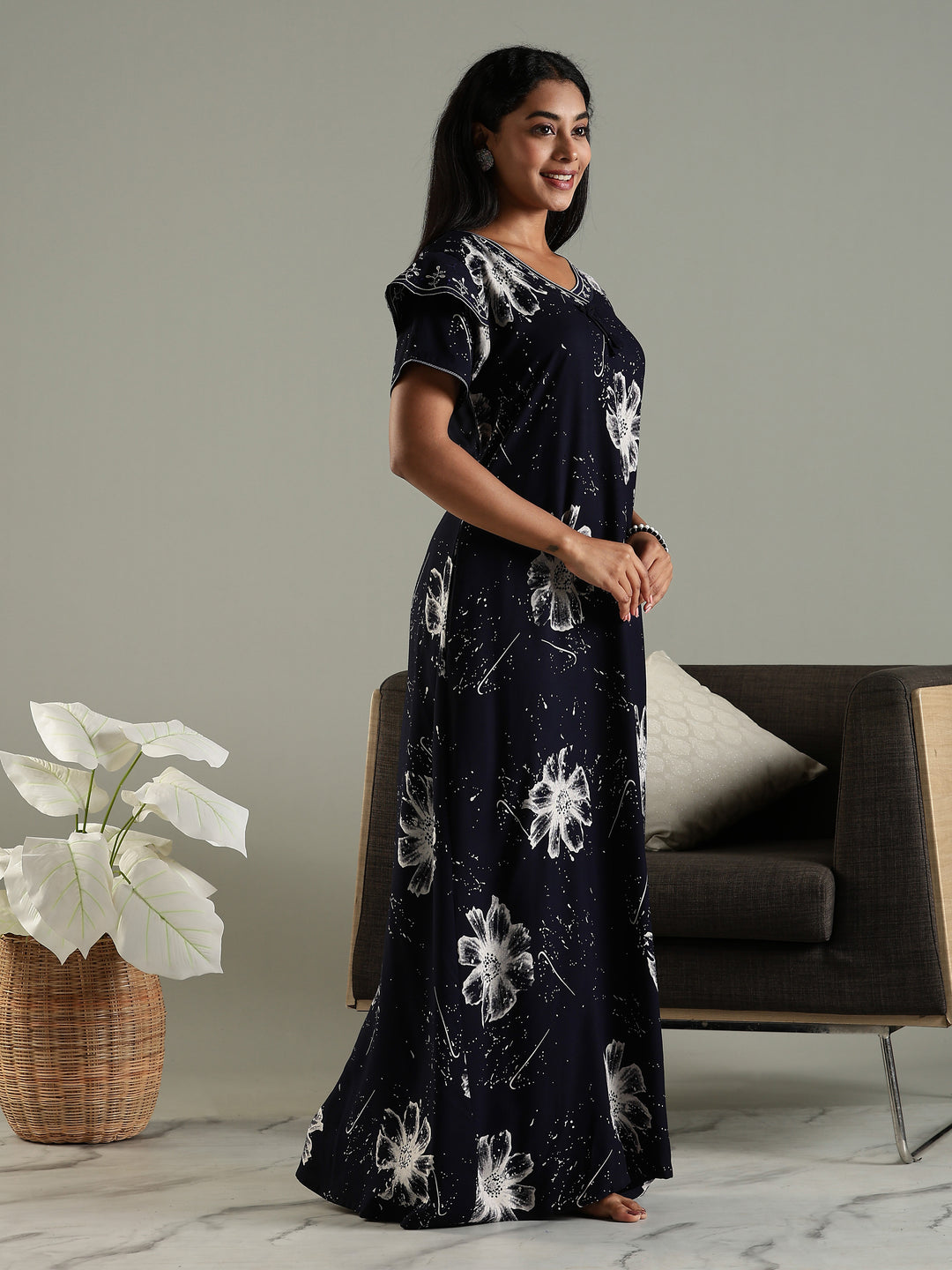 Midnight Bloom Rayon Nighty For Women with Floral Print