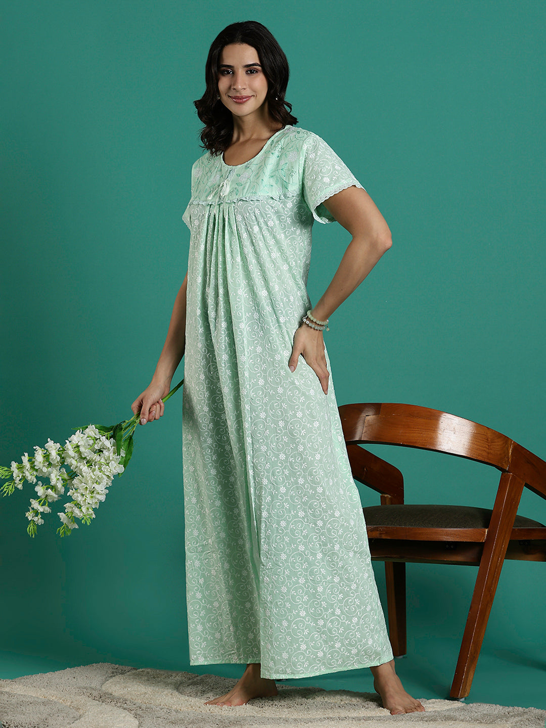 Mint Serenity Branded Cotton Chikankari Nighty For Women