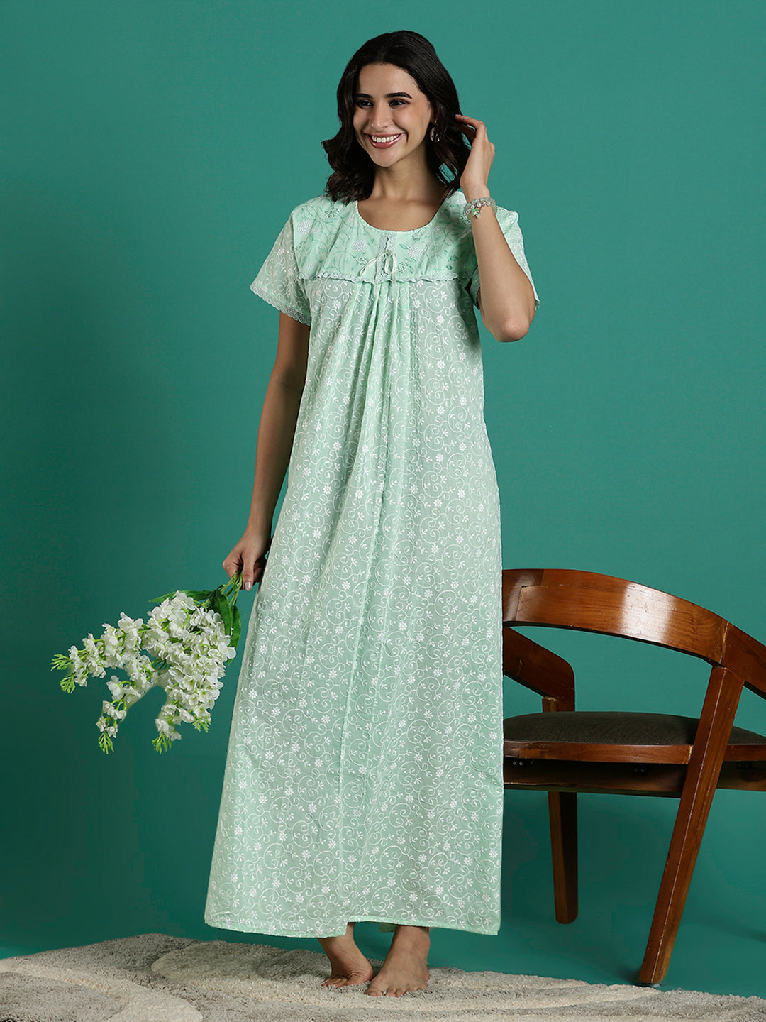 Mint Serenity Branded Cotton Chikankari Nighty For Women