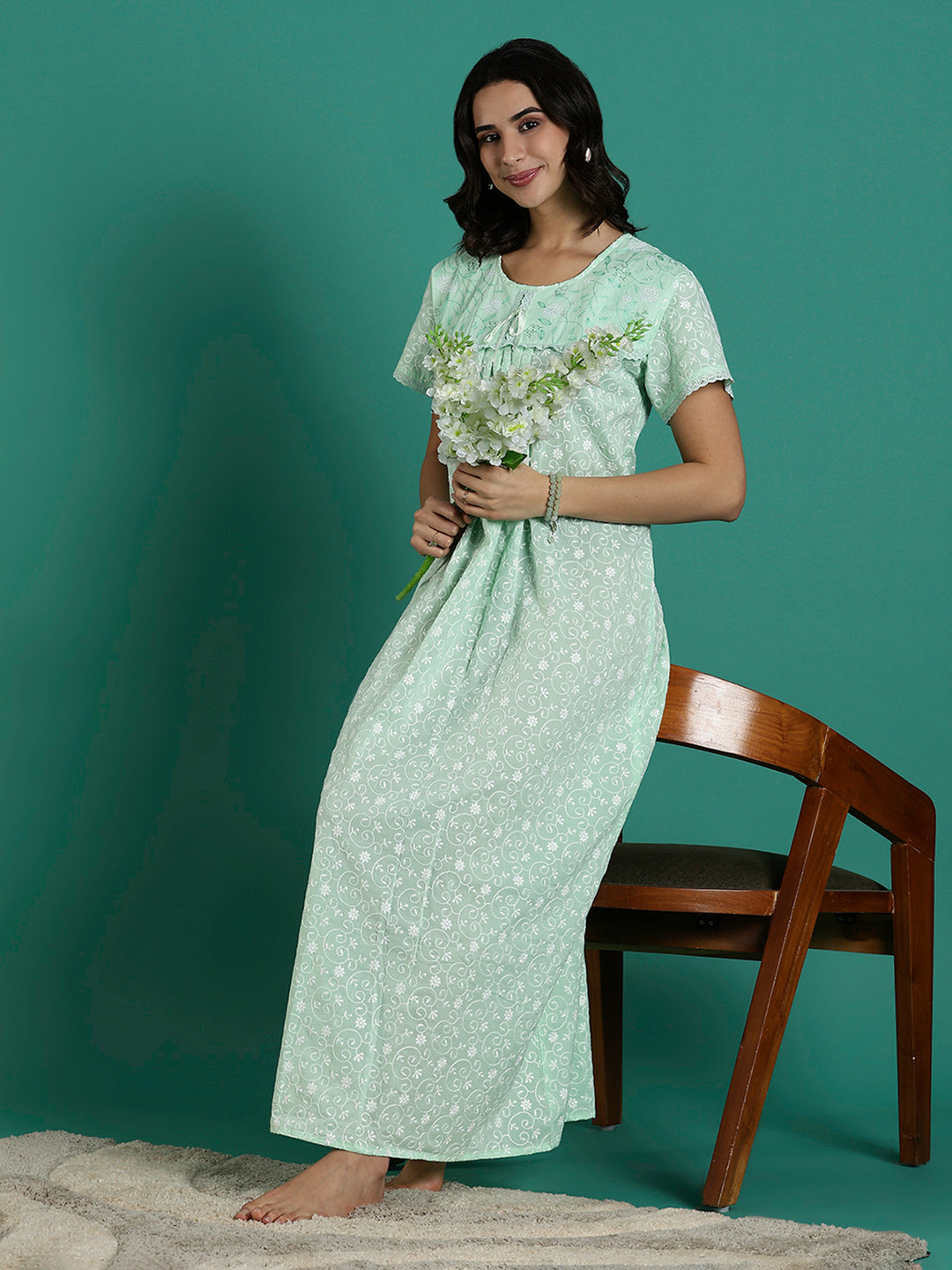 Mint Serenity Branded Cotton Chikankari Nighty For Women