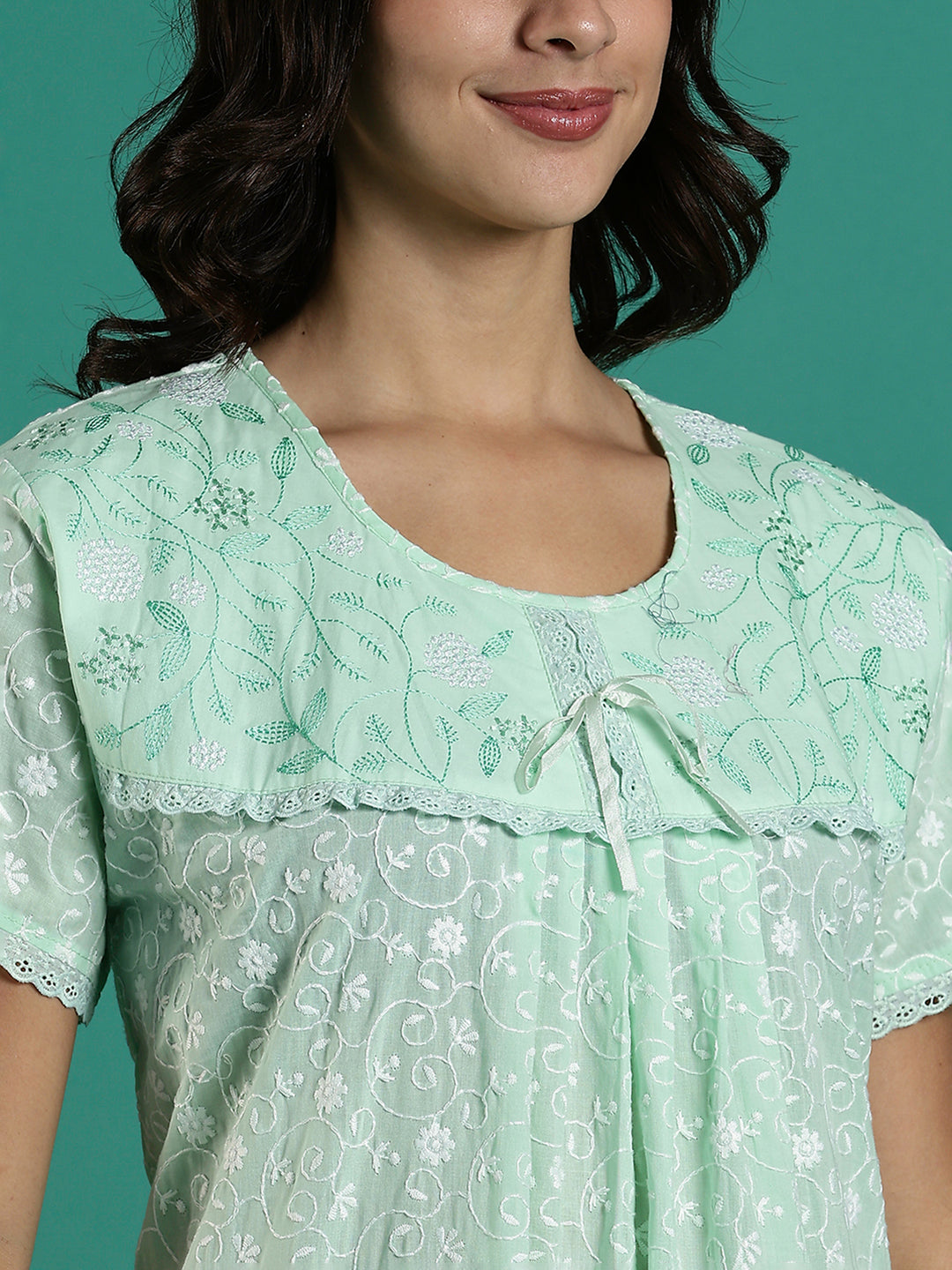 Mint Serenity Branded Cotton Chikankari Nighty For Women