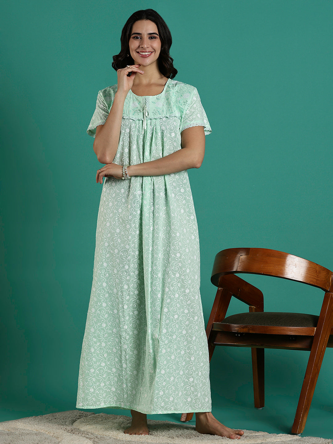 Mint Serenity Branded Cotton Chikankari Nighty For Women