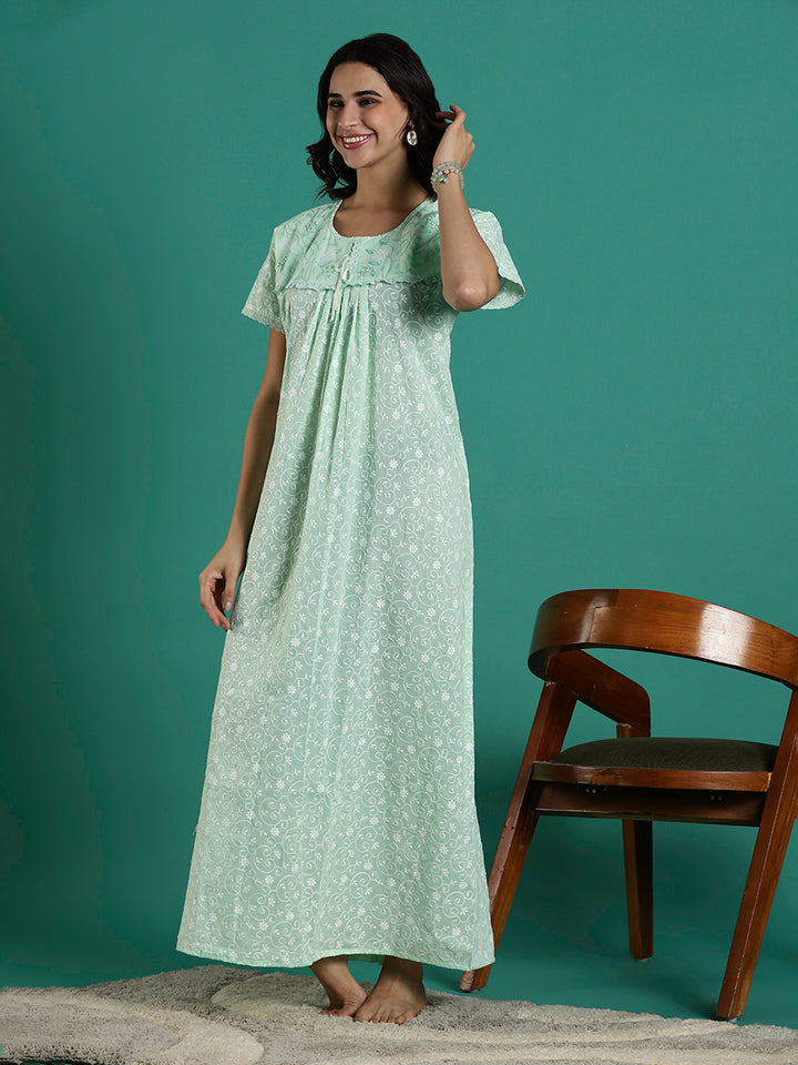 Mint Serenity Branded Cotton Chikankari Nighty For Women