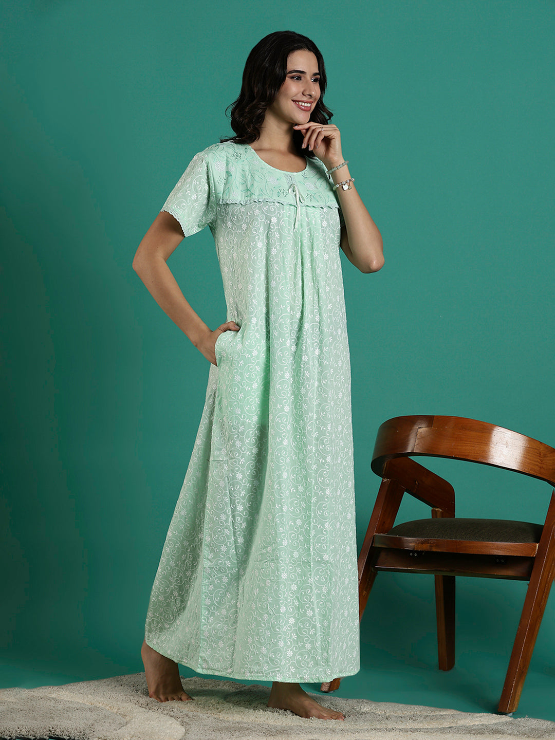 Mint Serenity Branded Cotton Chikankari Nighty For Women